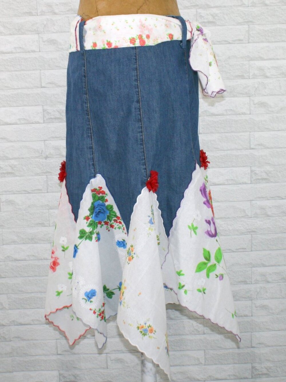 HAND CRAFTED Skirt Denim Handkerchief Midi Upcycled Lace Floral Blue White 6 - Picture 2 of 15